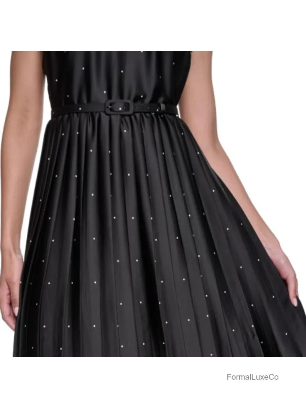 Sleeveless Tie Neck Matte Satin Pleated Midi Dress